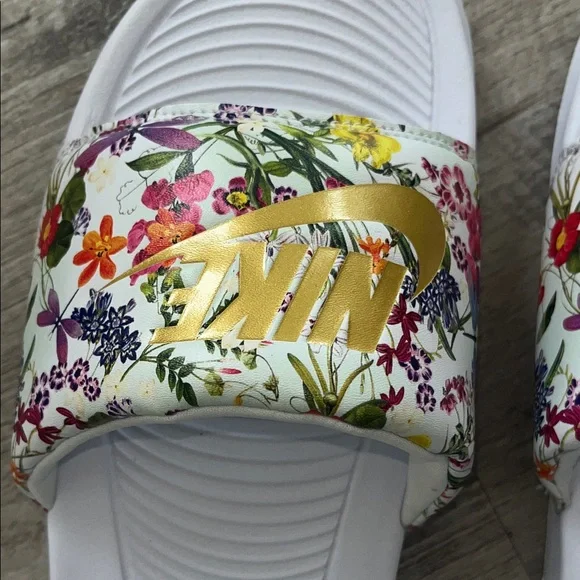 Nike White Floral Slides with Gold Logo - Picture 3 of 4